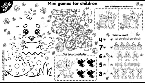 Vector Easter games placement for children. Kids outline set with cartoon chicks, rabbits, painted eggs. Activity mat with puzzle labyrinth, connect the dots, spot the differences, find correct shadow