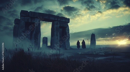 Mysterious ancient stone structure at dusk with silhouetted figures