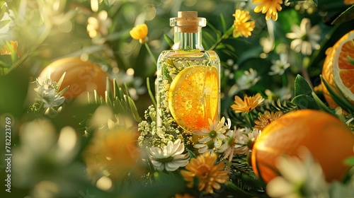 Natural citrus perfume bottle nestled in vibrant flowers photo