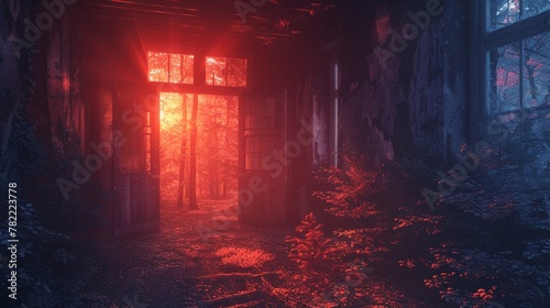 Photography during a thermal imaging camera session in a haunted forest, mysterious 3D render in an attic