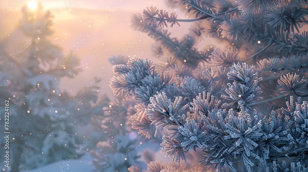 Frosty pine branches in glowing sunrise light