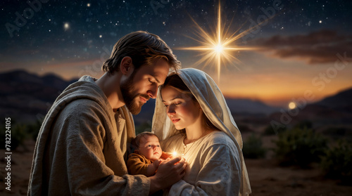 Holy Nativity Scene: Mary and Joseph Adoring Baby Jesus in the Radiant Glow of the Star of Bethlehem.