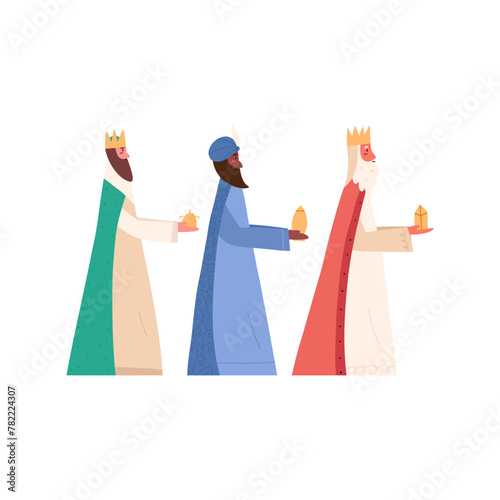 Three wise men walking with gifts for Jesus Christ, cartoon flat vector illustration isolated on white background. Nativity scene, Celebration of Christmas. Three kings or biblical magi.