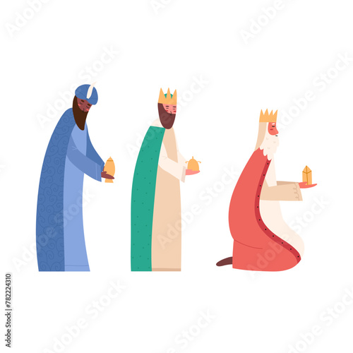 Three kings praying with gifts for baby Jesus Christ, cartoon flat vector illustration isolated on white background. Three wise men or biblical magi kneeling. Nativity scene and Christmas celebration.