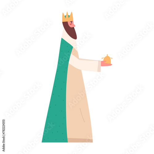 King bringing golden gift for baby Jesus Christ, cartoon flat vector illustration isolated on white background. Wise man or biblical magi for nativity Christmas scene.