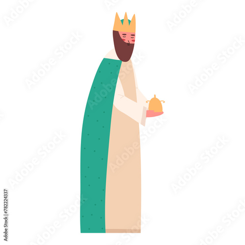 King bringing golden gift for baby Jesus Christ, cartoon flat vector illustration isolated on white background. Wise man or biblical magi for nativity Christmas scene.