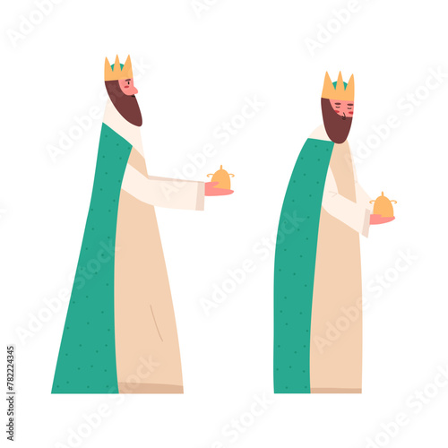 King bringing golden gift for baby Jesus Christ, cartoon flat vector illustration isolated on white background. Wise man or biblical magi for nativity Christmas scene.