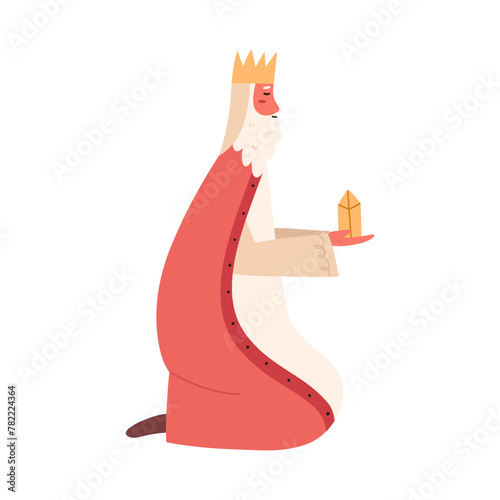 Wise man kneeling with golden gift for baby Jesus, cartoon flat vector illustration isolated on white background. King prays for Jesus Christ. Nativity scene with biblical magi, Christmas celebration.