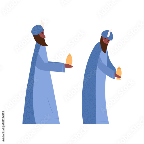 Wise man with golden gift for baby Jesus Christ, cartoon flat vector illustration isolated on white background. King or biblical magi in turban. Nativity scene, Christmas celebration.