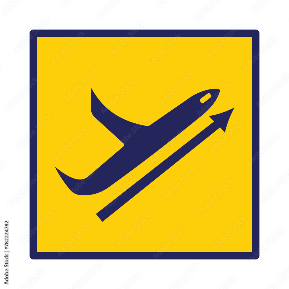 Dark blue airport departures signage shadow silhouette vector illustration on square yellow backgrounds. Simple flat cartoon object drawing.