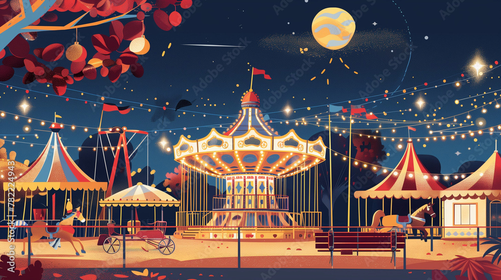 Illustration of amusement park and carousel in the evening Illustration of amusement park and carousel in the evening