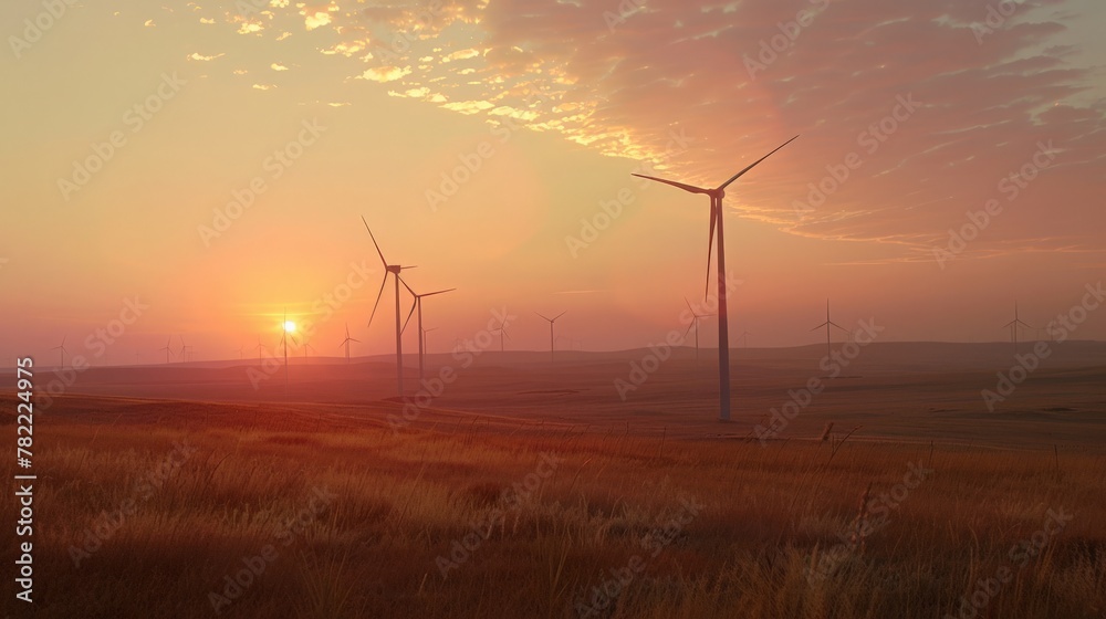 Obraz premium Imagine the tranquil beauty of a wind farm at sunset, where towering turbines stand silhouetted against the fading light. This scene symbolizes the harmony between technology and nature, 