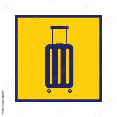 Dark blue airport baggage bag with handle and wheels signage shadow silhouette vector illustration on square yellow backgrounds. Simple flat cartoon object drawing.