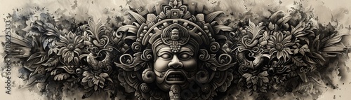 A highly detailed black and white relief of a Mayan god with ornate patterns and flourishes. photo