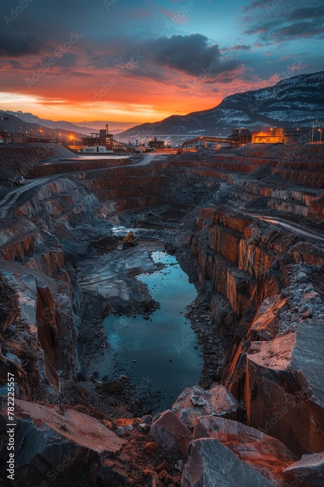 An open pit mine at sunset.