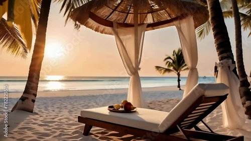 Romantic pergola on a paradise beach with azure water on sunset on blue lagoon, white sandy beach and palms. Luxury honeymoon journey tropical hotel for newlyweds paradise island resort. photo