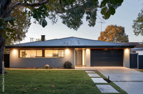 A simple modern house in the suburbs of Perth, with a light grey colour theme and a dark blue roof.