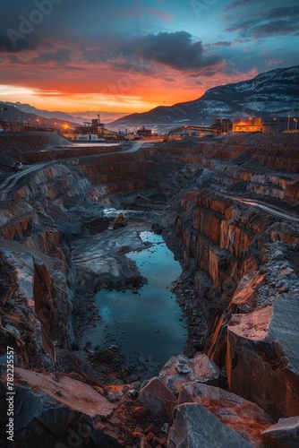An open pit mine at sunset.