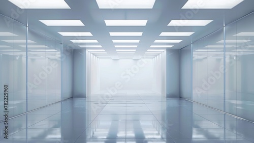 Clean office hallway with glass partitions - An immaculate corporate hallway featuring glass partitions reflecting the coolly lit, linear light fixtures