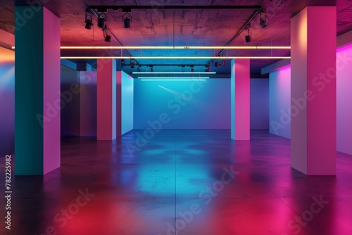 Colorful underground car park with neon lights - An underground car park transformed with vibrant neon lights creating an edgy, artistic atmosphere suitable for modern projects