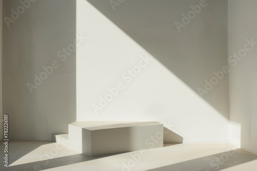 Sleek podium in sunlit minimalist interior with shadows - Minimalist composition with a sleek rectangular podium bathed in sunlight and shadow, evoking a sense of calm and simplicity