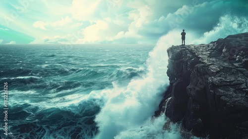 A lone figure standing on a cliff edge, facing a turbulent sea with waves crashing against the rocks below, photo