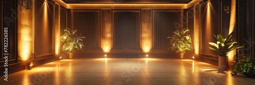 Elegant hallway with golden lights and plants - The image showcases a luxurious interior hallway bathed in golden light with tropical plants enhancing the opulence