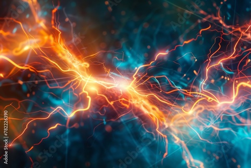 Vivid abstract energy flow with electric sparks - This abstract image captures a vivid and intense energy flow featuring electric sparks and dynamic lines across a dark field photo