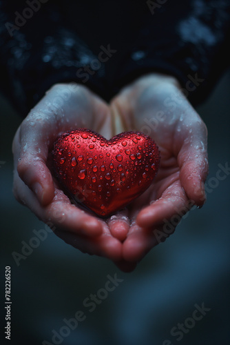 A person is holding a red heart with water droplets on it