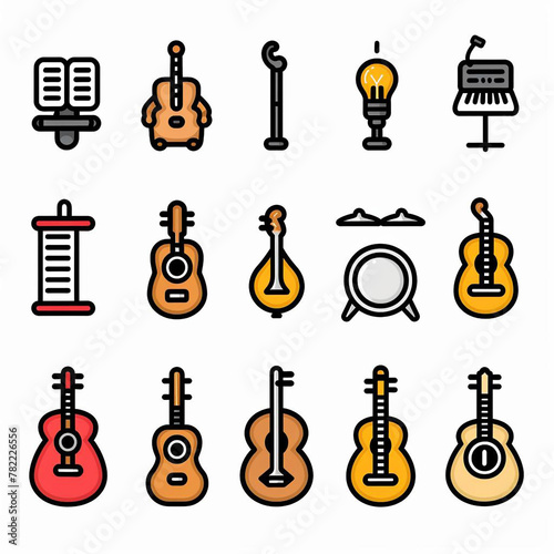 The image features a collection of nine cartoon-style illustrations of musicians playing various musical instruments photo