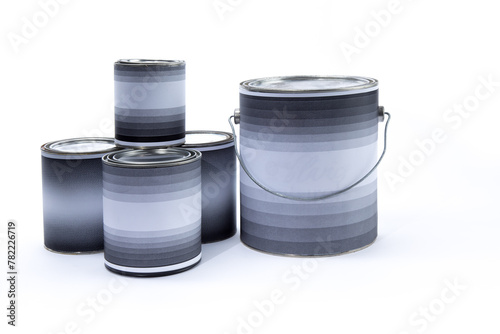 an assortment of different sizes large and small paint cans isolated on white