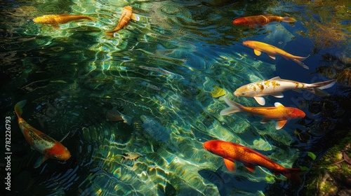 River pond decorative orange underwater fishes nishikigoi. AI generated