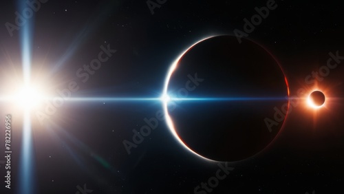 A dramatic solar eclipse with radiant solar flares and a darkened moon silhouette against a black sky