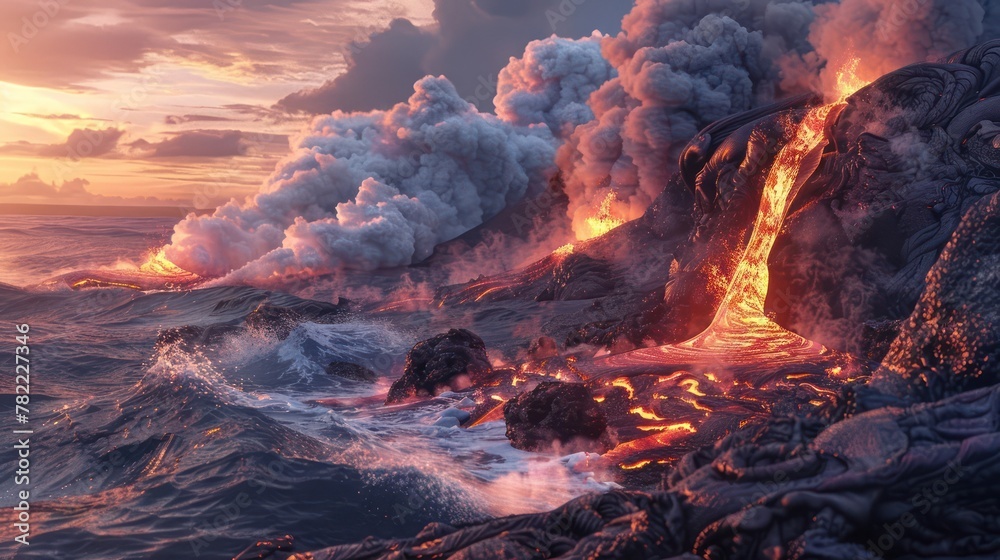 Molten Lava Flow Meeting the Ocean: A Captivating Display of Geothermal Power Molten Lava Flow Meeting the Ocean: A Captivating Display of Geothermal Power