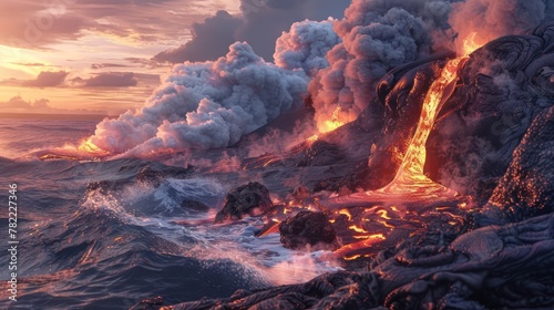 Molten Lava Flow Meeting the Ocean: A Captivating Display of Geothermal Power