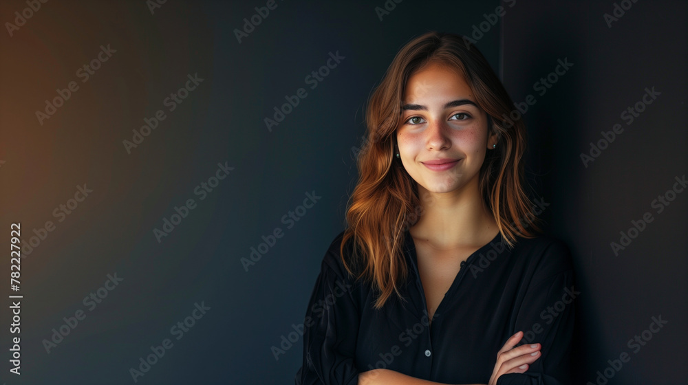A portrait capturing a young white woman with a warm smile and arms crossed isolated on a black background A portrait capturing a young white woman with a warm smile and arms crossed isolated on a black background