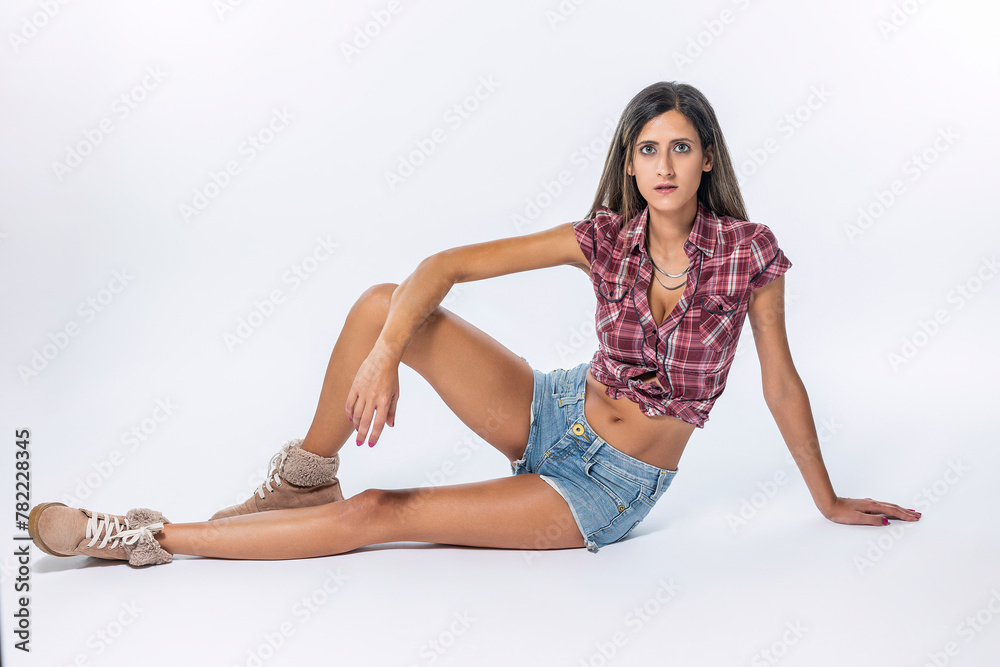Woman wearing jeans checkered shirt