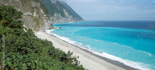 the blue sea with stone beach and mountain in Hualian, Ch'ing-shui Cliff, Taiwan