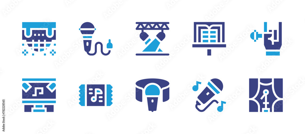 Concert icon set. Duotone color. Vector illustration. Containing microphone, musicsheet, spotlight, concert, ticket, rock, stage.