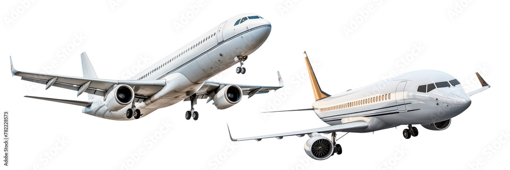 Obraz premium Set of taking off airplanes isolated on a white or transparent background. Close-up of a white airplanes, side view. Concept of vacation, traveling abroad. Graphic design element.