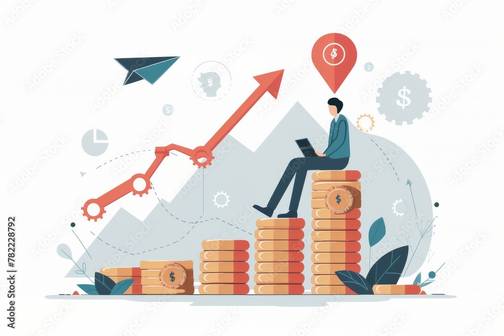 Naklejka premium Illustration of a businessman on coin stacks with growth charts and economic symbols..