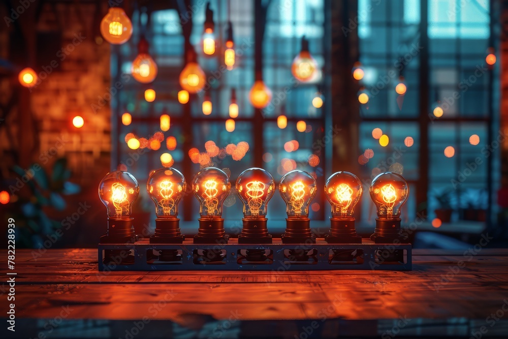 Warm light from a row of glowing vintage bulbs, creating a cozy atmosphere in an ambient room with blurred background..