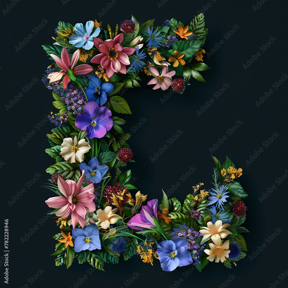 Beautiful floral alphabet isolated on black background. Letter C. Floral font.