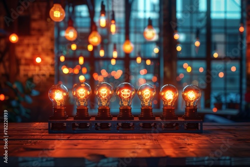 Warm light from a row of glowing vintage bulbs, creating a cozy atmosphere in an ambient room with blurred background..