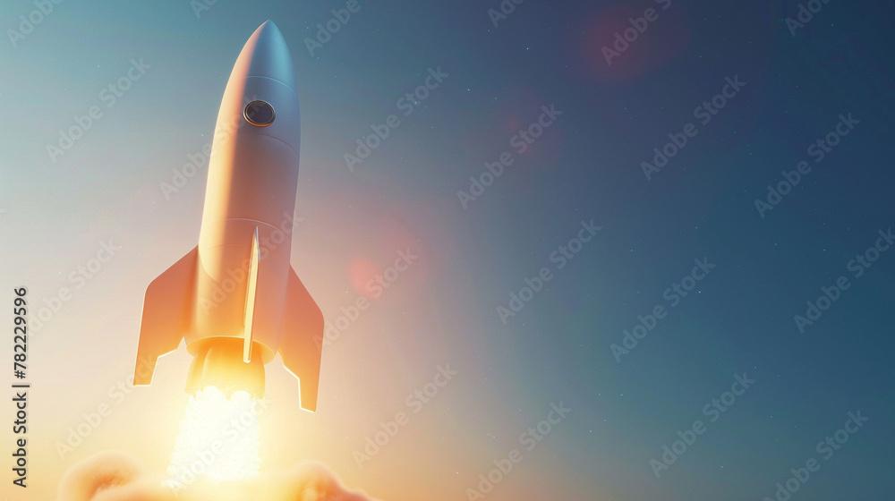 An abstract 3D render featuring a rocket in a minimalistic setting,