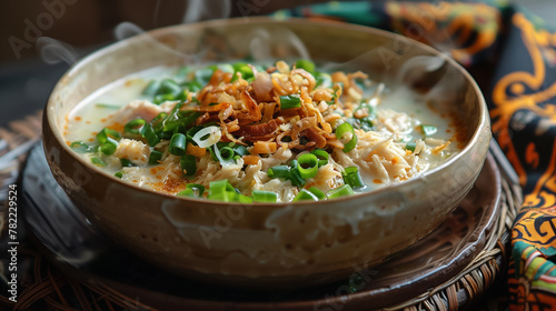 A photo of A steaming bowl of bubur ayam, adorned with shredded chicken, fried shallots, and chopped green onions, presented on a ceramic bowl against a backdrop of traditional Indonesian batik fabric