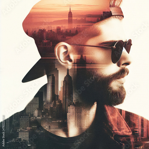 Double exposure Young bearded man urban landscape city buildings , movie poster style with halftone effect and film grain, sunset colors, isolated on white