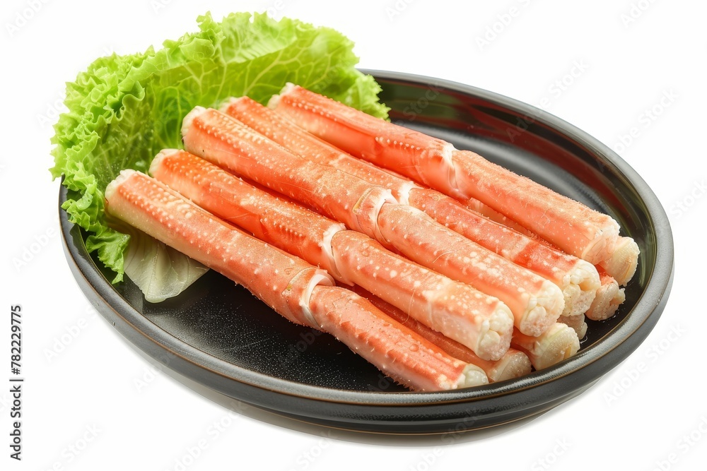 Faux seafood on black plate with Chinese cabbage white background Faux seafood on black plate with Chinese cabbage white background