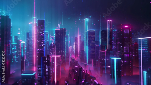 Neon lights illuminating the night in a fantastical cityscape, © Bordinthorn