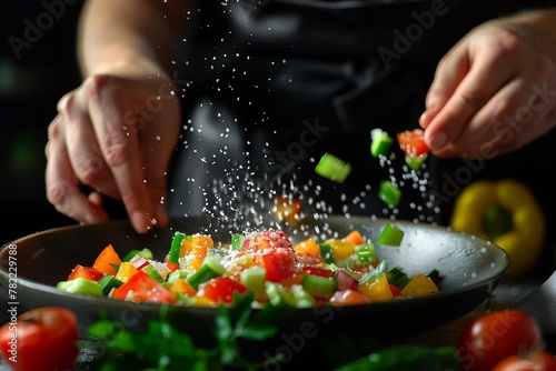 Female chef in kitchen making veggie salad Healthy lifestyle Home cooking Girl adds sea salt to salad on dark background photo